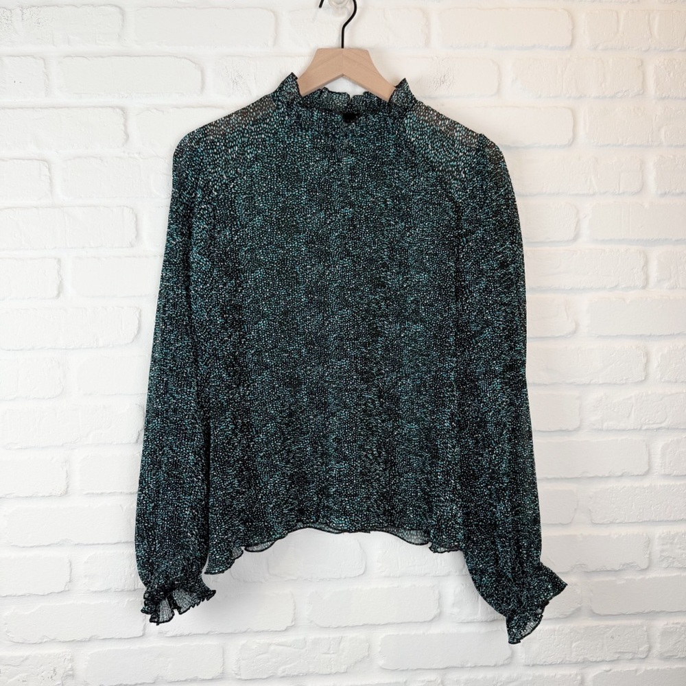 ZARA Sheer Ruffle Elastic Cuff Blouse Black Blue Print High Neck Long Sleeve L